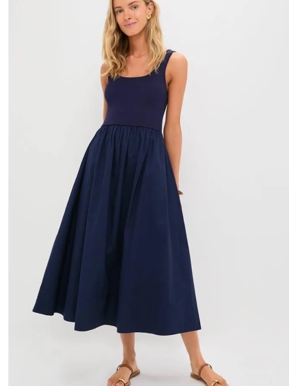 NEW Tuckernuck Juliette Mixed Media Cotton Poplin Stretch Knit Midi Dress Navy M